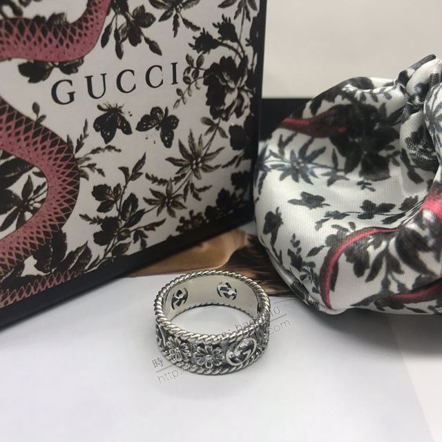 GUCCi飾品 古馳925銀鏤空時尚個性花紋圖案日韓情侶戒 Gucci鏤空戒指  zgbq1169